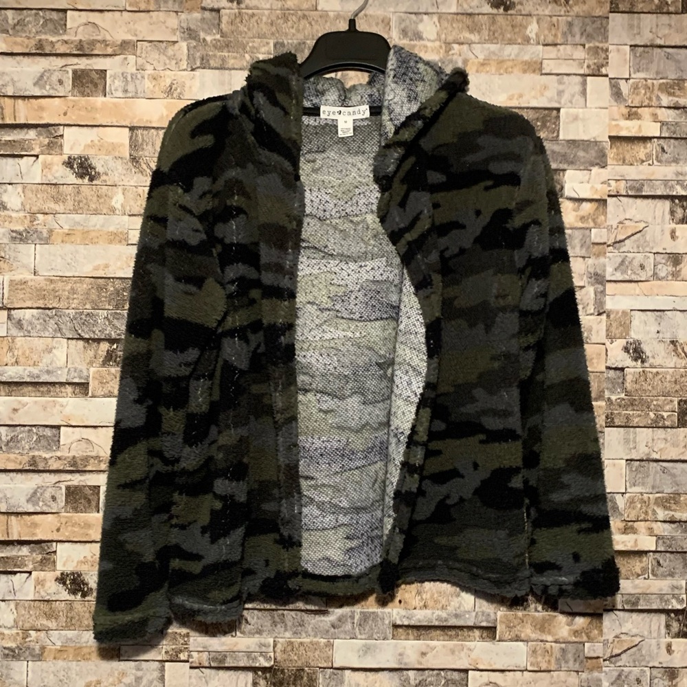 Eye Candy Sherpa Camo Print Cardigan